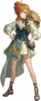 1girl artist_request asymmetrical_skirt bare_legs belt blue_vest breasts brown_belt closed_mouth collar dot_nose frilled_collar frills full_body green_hairband gun hairband half_crown_braid hand_on_own_hip hand_rest hat hat_on_back high-low_skirt high_side_ponytail highres holster legs_apart loincloth long_sleeves lopera_(reverse:1999) official_art orange_hair puffy_long_sleeves puffy_sleeves reverse:1999 sandals shirt shoulder_holster side_ponytail simple_background skirt small_breasts smile solo split_mouth standing straw_hat tachi-e tassel thigh_strap third-party_source transparent_background v-neck vest weapon white_shirt white_skirt yellow_eyes yellow_pupils