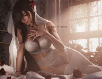 1girl 3d bare_shoulders bed_sheet black_hair bra bracelet breasts bridal_lingerie bridal_veil bride cleavage closed_eyes dress earrings feet_out_of_frame female_focus final_fantasy final_fantasy_vii final_fantasy_vii_remake flower garter_belt garter_straps hair_flower hair_ornament hand_up highres indoors jewelry large_breasts light_rays lingerie long_hair midriff necklace panties patreon_username petals red_flower red_lips ria-neearts ring rose rose_petals sitting solo square_enix sunbeam sunlight swept_bangs thighhighs thighs tifa_lockhart underwear underwear_only unworn_dress veil wedding_dress wedding_ring white_bra white_panties white_thighhighs window yokozuwari
