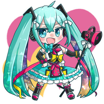 1girl absurdly_long_hair anniversary aqua_eyes aqua_hair aqua_skirt arm_bow artist_name artist_request bare_shoulders belt black_shoes blue_bow blue_eyes blue_hair blue_skirt bow chibi dress_bow female_focus full_body hand_on_own_hip hatsune_miku headphones headset highres holding holding_megaphone long_hair magical_mirai_(2018) magical_mirai_(vocaloid) megaphone purple_bow sailor_collar shirt shoes short_sleeves skirt solo twintails very_long_hair vocaloid white_belt white_bow white_shirt yellow_bow yui_(0yui3)