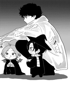 Rule 34 | 3boys, 5a1 uei, black hair, black pants, character request, chibi, corrupted twitter file, demon wings, dithered background, fang, fang out, frilled sleeves, frills, full body, gradient background, grey hair, halloween, hat, highres, holding, holding pumpkin, jacket, long sleeves, looking at another, looking down, looking to the side, mask, monochrome, mouth mask, multiple boys, nagumo (sakamoto days), osaragi (sakamoto days), pants, pumpkin, sakamoto days, scarf, shadow, shirt, shishiba (sakamoto days), short hair, skin fang, squatting, standing, vampire costume, white jacket, white shirt, wings, witch hat