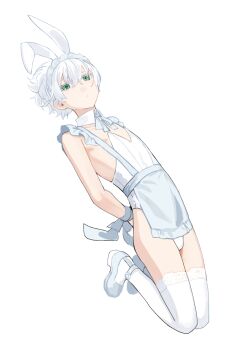 1boy animal_ear_hairband animal_ears apron armpit_crease arms_behind_back bound bulge closed_mouth collar collarbone commentary_request crossdressing crossdressing_(mtf) detached_collar dot_nose fake_animal_ears frilled_apron frills from_side full_body green_eyes hair_between_eyes hairband highres leotard looking_at_viewer male_focus male_playboy_bunny neck_ribbon nipples original partial_commentary rabbit_ear_hairband rabbit_ears ribbon shoes short_hair simple_background solo sunaba_(nczd5875) thighhighs tied_up_(nonsexual) trap white-haired_boy_(sunaba_(nczd5875)) white_apron white_background white_collar white_hair white_hairband white_headdress white_leotard white_ribbon white_shoes white_thighhighs
