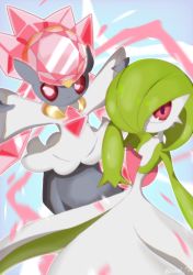 2girls arm_up arms_up artist_name blue_background blue_sky bob_cut closed_mouth colored_skin crystal day diancie female_focus flat_chest gardevoir gen_3_pokemon gen_6_pokemon green_hair green_skin grey_skin hair_over_one_eye highres kanoi_70 legendary_pokemon looking_to_the_side multicolored_skin multiple_girls mythical_pokemon nintendo one_eye_covered outdoors outline outstretched_arms petals pink_eyes pokemon pokemon_(creature) red_eyes short_hair signature sky standing twitter_username two-tone_skin white_outline white_skin
