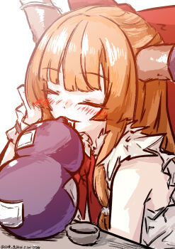 1girl absurdres artist_name blush bow brown_horns chinese_commentary closed_eyes commentary_request dated gourd hair_bow highres horn_ornament horn_ribbon horns ibuki_suika one-hour_drawing_challenge oni orange_hair red_bow ribbon shirt solo touhou ve1024 white_shirt