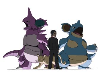 1boy black_hair black_jacket black_pants black_shoes closed_mouth gen_1_pokemon giovanni_(pokemon) hand_in_pocket hashtag-only_commentary highres jacket long_sleeves looking_at_viewer looking_back male_focus nidoking nidoqueen nintendo pants persian_(pokemon) pokemon pokemon_(creature) pokemon_lgpe psaber97 red_shirt shaded_face shadow shirt shoes short_hair smile white_background