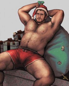 1boy armpits arms_behind_head bara beard box brown_hair chest_hair chris_redfield christmas_present closed_mouth commentary english_commentary ericson_blum facial_hair feet_out_of_frame gift gift_box grey_background hat highres holding holding_sack leg_hair male_focus male_underwear navel red_male_underwear resident_evil resident_evil_6 sack santa_hat short_hair sign sitting solo spread_legs topless_male underwear