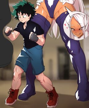 1boy 1girl age_difference animal_ears ari_(ariel_lopez550) black_gloves black_shirt blush boku_no_hero_academia child dark-skinned_female dark_skin fingerless_gloves freckles gloves green_eyes green_hair groin hands_on_own_hips heart heattech_leotard height_difference imminent_penetration imminent_rape leotard licking_lips long_hair looking_at_another midoriya_izuku mirko naughty_face onee-shota punching punching_bag rabbit_ears rabbit_girl red_eyes shirt shoes short_hair short_sleeves shorts sneakers sweat thick_thighs thighhighs thighs tongue tongue_out towering turtleneck white_gloves white_hair you_gonna_get_raped