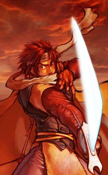 1boy blue_jacket blue_pants brown_eyes brown_gloves brown_hair cape cloud cowboy_shot fighting_stance gloves glowing glowing_sword glowing_weapon headband holding holding_sword holding_weapon jacket kita_senri looking_at_viewer male_focus original outdoors outstretched_arm pants pelvic_curtain red_sky serious short_hair sky solo standing sunset sword v-shaped_eyebrows weapon white_headband yellow_cape