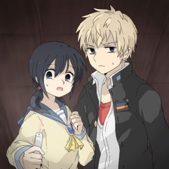 Rule 34 | 1boy, 1girl, black hair, blonde hair, blue eyes, candle, corpse party, gakuran, holding, holding candle, itukik, kishinuma yoshiki, long hair, lowres, neckerchief, sailor collar, school uniform, serafuku, shinozaki ayumi, short hair, twintails