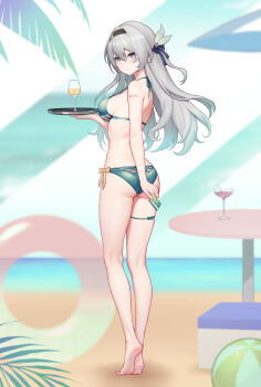 1girl absurdres alternate_costume aqua_bikini ass barefoot beach bikini blush breasts card chinese_commentary closed_mouth commentary_request cup drinking_glass feet firefly_(honkai:_star_rail) full_body grey_hair hair_ornament highres holding holding_card holding_tray honkai:_star_rail honkai_(series) kneepits large_variant_set long_hair looking_at_viewer medium_breasts paid_reward_available purple_eyes soles solo standing swimsuit thigh_strap thighs tray variant_set white_headdress wristband yunkaiming