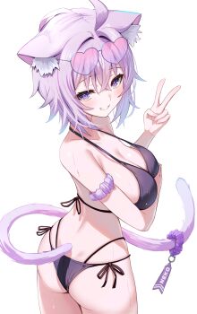1girl absurdres ahoge alternate_costume animal_ears arm_scrunchie arm_under_breasts bikini breasts cat_ears cat_girl cat_tail cleavage collar collarbone crossed_bangs day double-parted_bangs eyewear_on_head grin hair_between_eyes halterneck heart heart-shaped_eyewear highleg highleg_bikini highres hololive large_breasts looking_at_viewer looking_back median_furrow messy_hair multi-strapped_bikini_bottom nekomata_okayu purple_bikini purple_eyes purple_hair short_hair side-tie_bikini_bottom simple_background smile solo strap_gap string_bikini swimsuit tail tail_scrunchie togemaru34 v virtual_youtuber wet white_background