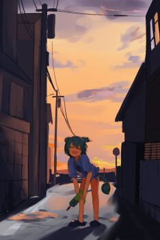 1girl :d alley backlighting building closed_eyes crocs green_hair highres holding holding_water_gun leaning_forward open_mouth outdoors pocche-ex power_lines shirt short_sleeves sky smile solo standing sunset tail tied_shirt voiceroid voicevox water_gun webp-to-png_conversion zundamon