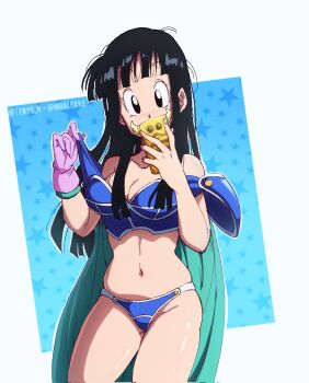 1girl armor bikini bikini_armor black_eyes black_hair blue_armor blue_background blue_bikini blush breasts cape cellphone chi-chi_(dragon_ball) cleavage collarbone dragon_ball dragon_ball_(classic) dragonball_z fenyon gloves green_cape gyuu_maou highres holding holding_phone long_hair medium_breasts navel pauldrons phone pink_gloves selfie shoulder_armor single_glove smartphone solo standing star_(symbol) star_symbol_background swimsuit