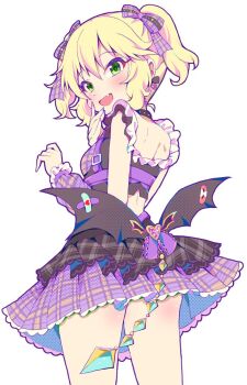 1girl ass ass_peek black_choker black_skirt blonde_hair blush bow chest_harness choker cowboy_shot cropped_shirt demon_wings detached_sleeves earrings fang frilled_shirt frilled_skirt frilled_sleeves frills from_behind green_eyes hair_bow harness heart heart_earrings heart_in_eye heart_o-ring idolmaster idolmaster_cinderella_girls idolmaster_cinderella_girls_starlight_stage jewelry knees_apart_feet_together knees_up layered_skirt looking_at_viewer looking_back low_wings michii_yuuki o-ring official_alternate_costume official_alternate_hairstyle plaid_bow plaid_clothes plaid_shirt plaid_skirt plaid_sleeves purple_bow purple_shirt purple_skirt purple_sleeves sakurai_momoka shirt short_hair shoulder_blades simple_background skirt smile solo symbol_in_eye twintails wavy_hair white_background wings