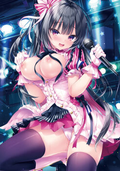 1girl black_hair black_thighhighs blush breasts breasts_out cameltoe clothes_lift dress hair_ribbon highres holding holding_microphone long_hair looking_at_viewer microphone nipples no_bra open_clothes open_mouth open_shirt original panties pink_dress pink_panties purple_eyes pussy_juice ribbon rubi-sama sidelocks skirt skirt_lift smile stage stage_lights thighhighs thighs underwear