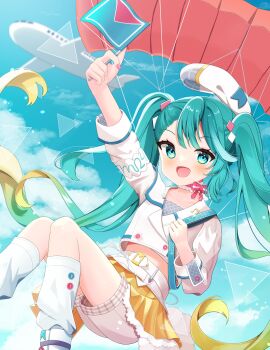 1girl aircraft airplane aqua_eyes aqua_hair aqua_nails arm_up belt beret blonde_hair blush collarbone cropped_jacket diamond_hair_ornament flag gradient_hair hair_between_eyes hair_ornament hat hatsune_miku highres holding holding_flag jacket long_hair long_sleeves looking_at_viewer magical_mirai_(vocaloid) magical_mirai_miku magical_mirai_miku_(2024) midriff multicolored_hair official_alternate_costume official_alternate_hairstyle open_mouth pink_nails plaid_clothes plaid_skirt shorts shorts_under_skirt skirt smile sonoda_eco stomach twintails very_long_hair vocaloid white_belt white_jacket white_shorts yellow_skirt