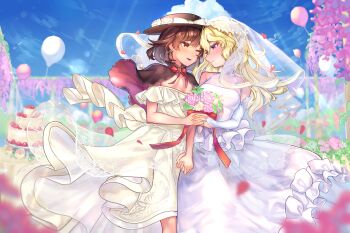 2girls alternate_costume balloon bare_shoulders black_capelet black_hat blonde_hair blue_sky blurry blush bouquet bow bowtie breasts brooch brown_eyes brown_hair cake capelet cleavage cloud collarbone commentary_request commission couple depth_of_field dress earrings elbow_gloves falling_petals feet_out_of_frame flower foliage food forehead-to-forehead fruit gem gloves hat hat_bow heads_together highres holding holding_bouquet holding_hands jewelry light_particles long_hair maribel_hearn medium_breasts multiple_girls parted_lips petals pink_flower profile purple_eyes red_bow red_bowtie red_gem red_petals red_ribbon ribbon ring rose see-through_clothes see-through_veil short_hair skeb_commission sky smile star_(symbol) star_earrings strawberry touhou usami_renko veil wankosoba_(wanwan_soba) wedding_cake wedding_dress white_bow white_flower white_rose wisteria yuri