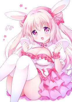 1girl animal_ears ass blush bow breasts chiika_(cure_cherish) china_dress chinese_clothes cleavage cleavage_cutout clothing_cutout double_bun dress feet_out_of_frame hair_bow hair_bun large_breasts layered_skirt long_hair open_mouth original pink_eyes pink_hair rabbit_ears scrunchie sitting skirt solo thighhighs two_side_up white_thighhighs