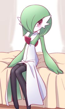 1girl arms_at_sides averting_eyes black_pantyhose blush bob_cut closed_mouth clothed_pokemon collarbone colored_skin female_focus flat_chest full_body gardevoir gen_3_pokemon green_hair green_skin hair_over_one_eye ikune_juugo knees_together_feet_apart looking_to_the_side multicolored_skin nintendo on_bed one_eye_covered pantyhose pokemon pokemon_(creature) red_eyes short_hair sideways_glance sitting solo thighband_pantyhose two-tone_skin white_skin