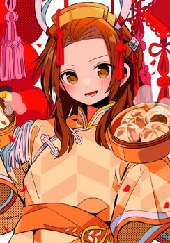 1boy :d axis_powers_hetalia blush brown_eyes brown_hair china_(hetalia) commentary_request food hat long_hair long_sleeves looking_at_viewer male_focus mandarin_collar open_mouth sanamaru_(sana79261827) shirt sleeves_past_fingers sleeves_past_wrists smile solo steamed_bun upper_body wide_sleeves yellow_hat yellow_shirt