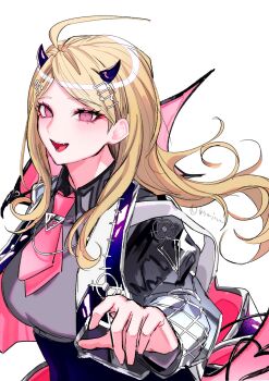 1girl ahoge akamatsu_kaede alternate_costume black_jacket blonde_hair commentary_request danganronpa_(series) danganronpa_v3:_killing_harmony demon_girl demon_horns fang fortissimo grey_sweater hair_ornament highres horns jacket kaminezu long_hair long_sleeves musical_note musical_note_hair_ornament necktie open_clothes open_jacket pink_eyes pink_necktie short_necktie simple_background smile sweater upper_body white_background