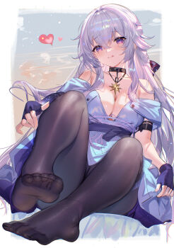 1girl :q absurdres black_pantyhose blue_dress breasts celestia_(strinova) cleavage closed_mouth collarbone commentary_request dress feet fingerless_gloves full_body gloves grey_hair hair_between_eyes head_tilt heart highres knees_up large_breasts legs long_hair looking_at_viewer no_shoes off-shoulder_dress off_shoulder pantyhose purple_eyes purple_gloves shanguier smile solo strinova toe_seam toenails toes tongue tongue_out very_long_hair