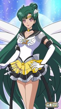 1girl adult_swim angel_wings bishoujo_senshi_sailor_moon bishoujo_senshi_sailor_moon_r bishoujo_senshi_sailor_moon_s bishoujo_senshi_sailor_moon_s:_the_movie bishoujo_senshi_sailor_moon_s_the_movie:_kaguya-hime_no_koibito bishoujo_senshi_sailor_moon_supers bishoujo_senshi_sailor_moon_supers:_the_movie bishoujo_senshi_sailor_moon_supers_the_movie:_sailor_9_senshi_shuuketsu!_black_dream_hole_no_kiseki crimson_eyes dark_teal_hair e.choe_(artist) eternal_sailor_pluto highres meiou_setsuna sailor_pluto sailor_senshi_uniform solo super_sailor_pluto super_sailor_pluto_(stars) toei_company toonami wings