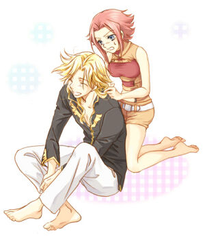 1boy 1girl bare_arms barefoot blonde_hair breasts closed_eyes code_geass commentary_request full_body gino_weinberg kneeling kouzuki_kallen large_breasts lowres open_mouth panties pink_hair shorts sitting smile suisyokyu sweatdrop underwear white_panties