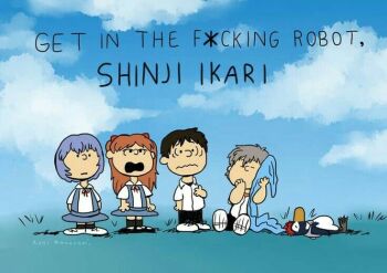 2boys 2girls artist_request ayanami_rei bird charles_schulz_(style) ikari_shinji long_hair multiple_boys multiple_girls nagisa_kaworu neon_genesis_evangelion peanuts_(comic) penguin penpen scene_reference school_uniform short_hair souryuu_asuka_langley third-party_source tokyo-3_middle_school_uniform