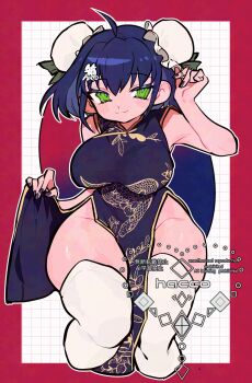 1girl adjusting_clothes adjusting_headwear ahoge arm_up armpit_crease bare_arms black_nails blue_hair bob_cut border borrowed_character bow breasts bun_cover china_dress chinese_clothes closed_mouth clothes_lift commission copyright_notice covered_erect_nipples cowboy_shot cropped_legs double_bun dress dress_lift green_bow green_eyes grid_background groin hacco_mayu hair_bow hair_bun highres large_breasts light_smile nail_polish original outline print_dress red_border ringed_eyes sagging_breasts second-party_source skeb_commission solo standing thick_thighs thighhighs thighs tsurime v-bangs watermark white_background white_outline white_thighhighs yellow_trim