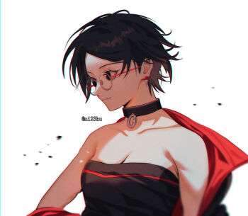 1girl absurdres black_collar black_eyes black_hair blurry boruto:_two_blue_vortex breasts chinese_commentary cleavage collar collarbone commentary_request earrings glasses highres jacket jacket_on_shoulders jewelry medium_breasts naruto_(series) niku_(ni23ku) profile short_hair solo strapless tube_top twitter_username uchiha_sarada