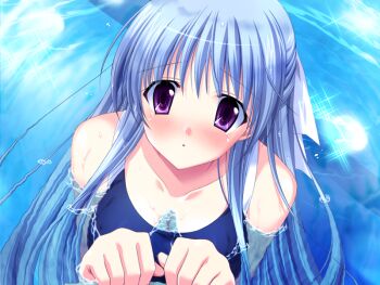 1girl :o blue_hair blue_one-piece_swimsuit breasts choco_chip cleavage game_cg long_hair looking_at_viewer medium_breasts one-piece_swimsuit onoshima_kusumi partially_submerged pool prima_stella purple_eyes swimsuit upper_body water