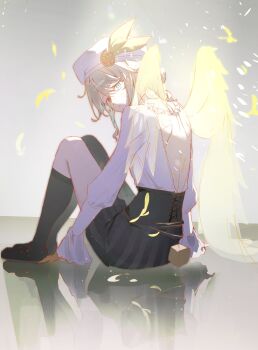 1boy androgynous angel_wings asymmetrical_legwear backless_outfit bishounen black_corset black_pantyhose black_shoes black_shorts black_socks blonde_hair blue_eyes corset edgar_valden edgar_valden_(golden_ratio) expressionless falling_feathers feathered_wings feathers frilled_shirt_collar frilled_sleeves frills full_body hair_between_eyes highres identity_v kneehighs knees_up light_particles looking_at_viewer looking_back male_focus official_alternate_costume pantyhose pba_471 puffy_shorts puffy_sleeves reflective_floor shirt shoes shorts sidelocks single_leg_pantyhose sitting socks solo striped_clothes striped_shorts uneven_legwear vertical-striped_clothes vertical-striped_shorts white_shirt wings yellow_wings