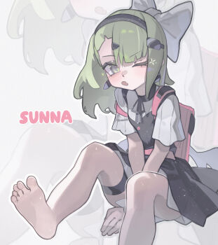 1girl 2ho absurdres angels_of_delusion black_dress black_hairband bow breasts commentary dress earrings feet_out_of_frame green_hair hair_bow hairband highres jewelry looking_at_viewer medium_hair one_eye_closed open_mouth pink_bag sitting small_breasts sunna_(zenless_zone_zero) symbol-only_commentary white_bow zenless_zone_zero