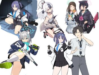 Rule 34 | 1boy, 5girls, absurdres, airi (blue archive), animal ear fluff, aqua scarf, assault rifle, black footwear, black hair, black skirt, blue archive, blue archive the animation, blue necktie, blush, breasts, bren lmg, cardigan, closed eyes, collared shirt, crepe, cross hair ornament, dress, explosive, fingerless gloves, food, gloves, grenade, grenade pin, grenade pin in mouth, grey dress, grey hair, gun, h&amp;k p30, hair between eyes, hair ornament, hairclip, halo, handgun, high heels, highres, holding, holding crepe, holding food, holding gun, holding weapon, hood, hoodie, horns, id card, jacket, kayoko (blue archive), kayoko (dress) (blue archive), kazusa (blue archive), light machine gun, long hair, machine gun, mole, mole on neck, multiple girls, multiple views, necktie, open clothes, open mouth, panties, pants, pantyshot, pleated skirt, rifle, ryou (ponpgo), scarf, sensei (blue archive), sensei (blue archive the animation), shiroko (blue archive), shirt, shoes, short hair, sig mpx, sig sauer, sig sauer 556, simple background, skirt, sneakers, socks, submachine gun, two side up, underwear, weapon, white background, white hair, yuuka (blue archive)