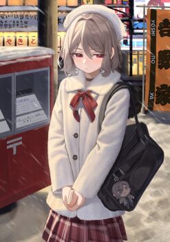 1girl averting_eyes bag bag_charm beret black_bag black_choker bow bowtie brown_skirt character_doll charm_(object) choker closed_mouth coat commentary_request cowboy_shot doll double-parted_bangs ebizuka_tomo fur_coat fur_hat girls_band_cry grey_hair hair_between_eyes hat highres light_blush looking_to_the_side medium_hair naruto_maki_(naruto05) outdoors own_hands_together plaid_clothes plaid_skirt red_bow red_eyes road rupa_(girls_band_cry) shoulder_bag skirt snow snowing solo standing street v_arms white_coat white_hat winter winter_clothes