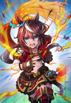 1girl absurdres animal_ears blue_eyes bracelet breasts brown_choker brown_hair cape choker crop_top cropped_jacket ear_ornament fingerless_gloves gentiano815 gloves hair_between_eyes highres horse_ears horse_girl horse_tail jacket jewelry long_hair looking_at_viewer midriff multicolored_hair navel necklace official_alternate_costume open_mouth orange_feathers ponytail red_cape red_jacket short_sleeves side_cape skirt solo streaked_hair sweat tail teeth thighhighs tokai_teio_(beyond_the_horizon)_(umamusume) tokai_teio_(umamusume) two-tone_hair umamusume white_hair