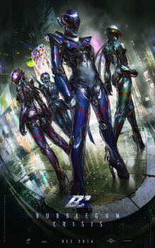 4girls absurdres armor ass ballet_boots billboard bubblegum_crisis building commentary copyright_name cyberpunk dated deryl555 english_commentary english_text full_armor full_body hardsuit helmet high_heels highres linna_yamazaki movie_poster_(medium) multiple_girls nene_romanova neon_lights power_armor priscilla_asagiri realistic reflection skyscraper standing sylia_stingray
