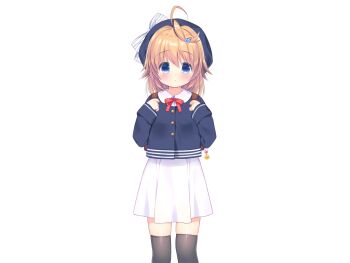 1girl ahoge backpack bag black_thighhighs blonde_hair blue_eyes blue_hat blue_jacket blush bow bowtie chishima_mako closed_mouth dot_mouth feet_out_of_frame game_cg hair_ornament hands_up hat hat_bow heart heart_hair_ornament jacket large_variant_set long_sleeves looking_at_viewer medium_hair non-web_source piyodera_mucha red_bow red_bowtie school_uniform shirt simple_background solo soushisouai_lolita_no_seikatsu standing striped_bow tachi-e thighhighs transparent_background variant_set white_bow white_shirt zettai_ryouiki