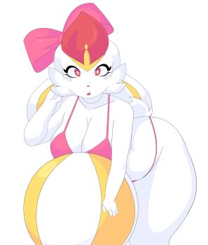 absurdres bad_tag ball beachball big_breasts bikini body_fur bow bow_(feature) bow_ribbon breasts cinderace cleavage cytrusawa eyelashes facial_tuft female fur gen_8_pokemon generation_8_pokemon hair_bow hair_ornament hair_ribbon highres inflatable long_ears looking_at_viewer nintendo open_mouth pink_bikini pink_swimwear pokemon pokemon_(creature) ribbon simple_background solo standing swimsuit swimwear thick_thighs thighs white_background white_fur