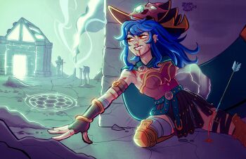 Rule 34 | 1girl, absurdres, against wall, armband, armor, armored boots, arrow (projectile), arrow in body, arrow in leg, bandaged arm, bandaged leg, bandages, belt, bleeding, blood, blood drip, blood from mouth, blood on chest, blood on face, blue hair, boots, breasts, broken statue, broken tooth, bruise, bruise on face, cape, chipped tooth, commentary, commission, cracked clothes, cuts, dang (runescape), dirty, duellist's cap (tier 6), english commentary, fingerless gloves, gladiator, gloves, glowing hat, glowing symbol, gold trim, grace sunny13, green belt, green cape, hat, hiding, highres, holding, holding rock, house, injury, leotard, long bangs, long hair, medium breasts, nosebleed, old school runescape, orange eyes, original, pebble, peeking out, poleyn, red armband, red leotard, rock, runescape, scratches, second-party source, serious, solo, spiked ear piercing, statue, stone wall, sun symbol, sword, thick eyebrows, weapon, yellow eyes