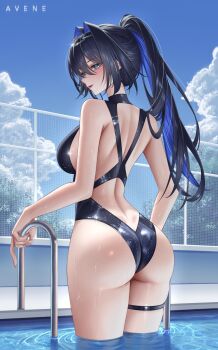 Rule 34 | 1girl, artist name, ass, avene chan, blood, blue eyes, blue hair, blue one-piece swimsuit, blush, breasts, casual one-piece swimsuit, climbing ladder, cloud, colored inner hair, cumulonimbus cloud, day, eyelashes, fence, fingernails, from behind, hair intakes, hashtag-only commentary, high ponytail, highres, hololive, hololive english, large breasts, lips, long hair, looking at viewer, median furrow, multicolored hair, official alternate costume, one-piece swimsuit, ouro kronii, ouro kronii (holonatsu paradise), outdoors, parted lips, ponytail, pool, pool ladder, shiny swimsuit, shoulder blades, sideboob, sky, solo, swimsuit, thigh strap, thighs, tree, turning head, virtual youtuber, wading, wet, wet clothes, wet swimsuit