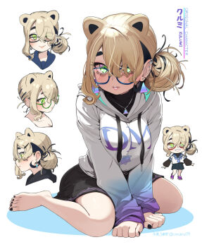 1girl animal_ears artist_name bare_shoulders black_nails black_shirt black_skirt breasts breasts_squeezed_together brown_hair character_name chibi ear_piercing earrings english_text glasses green_eyes hair_bun hair_over_one_eye hood hoodie jewelry kulumi_(omaru_gyuunyuu) lips long_sleeves looking_at_viewer medium_breasts multicolored_hair multiple_views omaru_gyuunyuu original parted_lips pendant piercing shirt short_hair sitting skirt smile streaked_hair thick_eyebrows toes twitter_username v_arms wariza white_hoodie