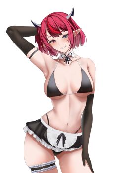 1girl absurdres arm_behind_back arm_strap arm_up bare_shoulders bikini black_bikini black_gloves black_horns black_ribbon black_skirt blush breasts collarbone commentary contrapposto detached_collar elbow_gloves gloves green_eyes grin heterochromia highleg highleg_bikini highres hololive hololive_english horns irys_(hololive) large_breasts layered_skirt looking_at_viewer maid maid_bikini medium_hair multicolored_hair navel neck_ribbon pink_eyes pink_hair pointy_ears red_hair ribbon si_farid simple_background skirt smile solo stomach streaked_hair swimsuit thigh_strap thighs two-tone_hair unconventional_maid virtual_youtuber white_background