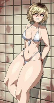 Rule 34 | 1girl, absurdres, against wall, bikini, blonde hair, blood, blood on wall, blush, breasts, brown eyes, brown hair, captain kirb, cleavage, collarbone, commentary, english commentary, freckles, heather mason, highres, looking to the side, medium breasts, navel, parted lips, short hair, silent hill (series), silent hill 3, solo, sweat, swimsuit, teeth, thick thighs, thighs, tile wall, tiles, white bikini