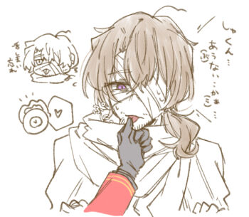 1boy 1other absurdres ahoge alternate_costume bandage_on_face bandage_over_one_eye bandaged_head bandages beard_stubble black_gloves black_shirt brown_hair cape chibi chibi_inset clock coat dante_(limbus_company) disembodied_hand expressionless facial_hair fire flying_sweatdrops gloves gregor_(project_moon) hair_between_eyes hand_up hands_up heart heishou_pack-si_branch_(identity)_(project_moon) highres jitome licking licking_finger light_smile lily26983455 limbus_company limited_palette long_hair looking_ahead looking_at_another looking_at_hand looking_down low_ponytail male_focus notice_lines object_head one_eye_covered out-of-frame_character out_of_frame partially_colored ponytail pov pov_hands project_moon prosthetic_head purple_eyes red_coat sanpaku scarf shirt simple_background sketch solo_focus speech_bubble spoken_heart stubble sweat sweatdrop thumb_to_mouth tongue tongue_out torn_clothes upper_body white_background yaoi
