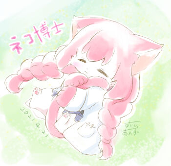 1girl :3 =_= animal_ears black_sweater braid cat_busters cat_ears cat_girl cat_tail chibi chibi_only chibikemo coat commentary_request dated furry furry_female hugging_own_tail hugging_tail lab_coat long_hair low_twin_braids lying neko_hakase on_back open_clothes open_coat pawpads pink_hair pleated_skirt signature sketch skirt solo suisyo_anzuu sweater tail translation_request twin_braids white_coat