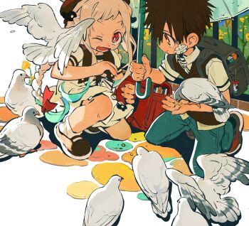 1boy 1girl ;d animal animal_on_arm animal_on_shoulder aqua_hair backpack bag bag_charm bandaid bandaid_on_cheek bandaid_on_face beret bird bird_feeding bird_on_arm bird_on_shoulder black_bag black_hair black_hat black_shoes black_sweater_vest blue_pants blush book braid charm_(object) clefs27 closed_mouth collared_dress collared_shirt colored_tips corn dress flower hair_ornament hanako_(jibaku_shounen_hanako-kun) happy hat highres holding holding_bag holding_umbrella jibaku_shounen_hanako-kun kamome_gakuen_school_uniform long_hair looking_at_animal looking_at_another magatama magatama_hair_ornament mary_janes multicolored_hair neck_ribbon necktie official_alternate_costume one_eye_closed open_mouth orange_eyes outdoors pants pigeon pink_eyes puffy_short_sleeves puffy_sleeves randoseru red_bag ribbon school_uniform shared_umbrella shirt shoes short_bangs short_hair short_sleeves sidelocks smile socks squatting stone_floor striped_necktie striped_ribbon sweater_vest twin_braids two-tone_hair umbrella white_bird white_dress white_hair white_shirt white_socks yashiro_nene yellow_flower