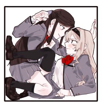 2girls black_hairband black_thighhighs blonde_hair blush bow bowtie brown_hair brown_shoes closed_mouth commentary grey_jacket grey_skirt hairband highres inamochi_ooo jacket loafers long_hair long_sleeves multiple_girls pleated_skirt red_bow red_bowtie red_eyes saijou_claudine seishou_music_academy_uniform shirt shoes shoujo_kageki_revue_starlight simple_background skirt smile stuck_in_a_box symbol-only_commentary tendou_maya thighhighs white_background white_shirt yuri