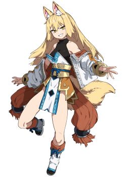 1girl absurdres animal_ear_fluff animal_ears bare_shoulders black_leotard black_socks blonde_hair blue_rope boots commentary cropped_jacket fox_ears fox_girl fox_tail full_body grin heattech_leotard highres jacket japanese_clothes kimono leotard long_hair looking_at_viewer obi off-shoulder_jacket off_shoulder open-toe_boots open_clothes open_jacket outstretched_arms pelvic_curtain ribbon-trimmed_kimono ribbon_trim rope sash shimenawa short_eyebrows smile socks standing standing_on_one_leg tabi tail thick_eyebrows turtleneck white_background yellow_eyes yoshimaro