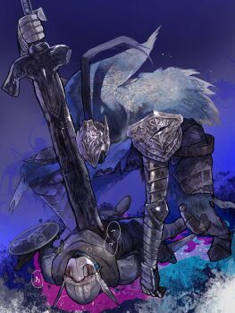 2boys absurdres armor artorias_the_abysswalker bleeding blood blue_surcoat cape commentary_request dark_souls_(series) dark_souls_i defeat elden_ring elden_ring_nightreign fighting fromsoftware full_armor gauntlets greatsword helmet highres holding holding_sword holding_weapon knight looking_down multiple_boys night pauldrons plume scale_armor shield shoulder_armor stab standing sword tere torn_cape torn_clothes weapon winged_helmet wylder_(elden_ring)
